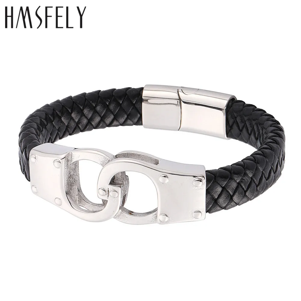 HMSFELY Черный Коричневый Широкий плетеный кожаный браслет 316l из нержавеющей стали