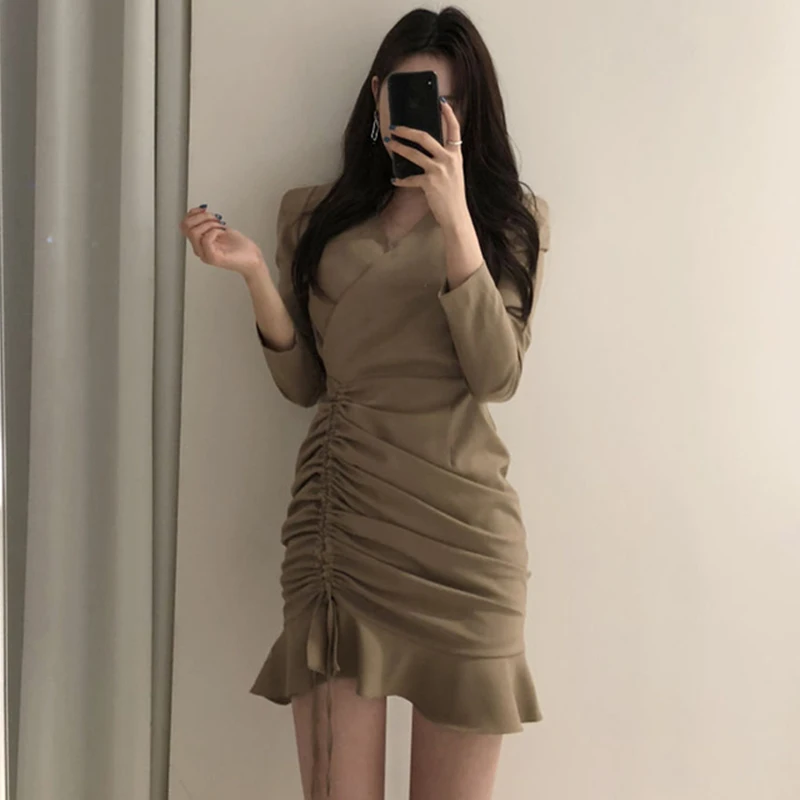 2019 корейское модное женское платье повседневное однотонное короткое элегантное
