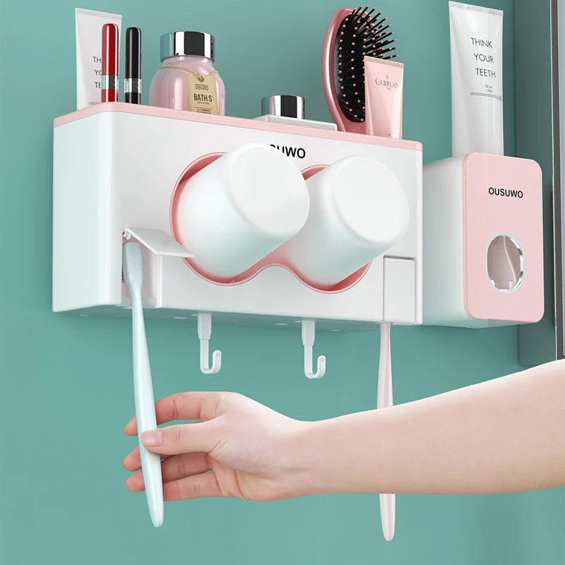 

Набор держателей для зубных щеток, настенный автоматический выдавливатель зубной пасты розового цвета с подстаканником, органайзер, аксес...