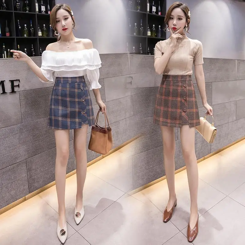 

2020 Plaid Button Skirt Women's Irregular A- line Dress Woman Skirts Mujer Faldas Saias Mulher
