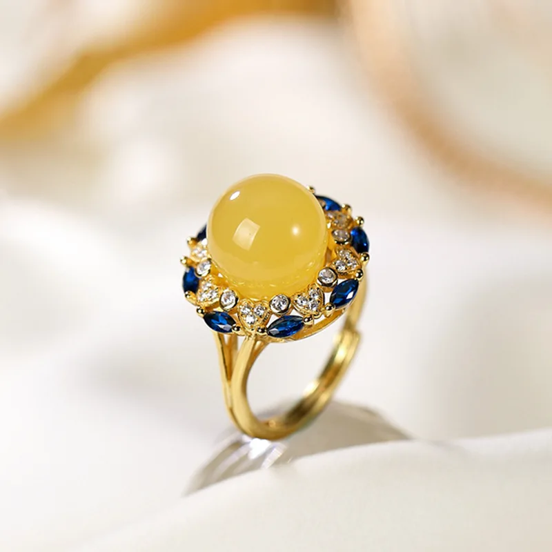 

Женское кольцо с натуральным янтарным сапфиром, регулируемое кольцо из пчелиного воска с серебристым и Золотистым Покрытием с цирконом, 925 ...