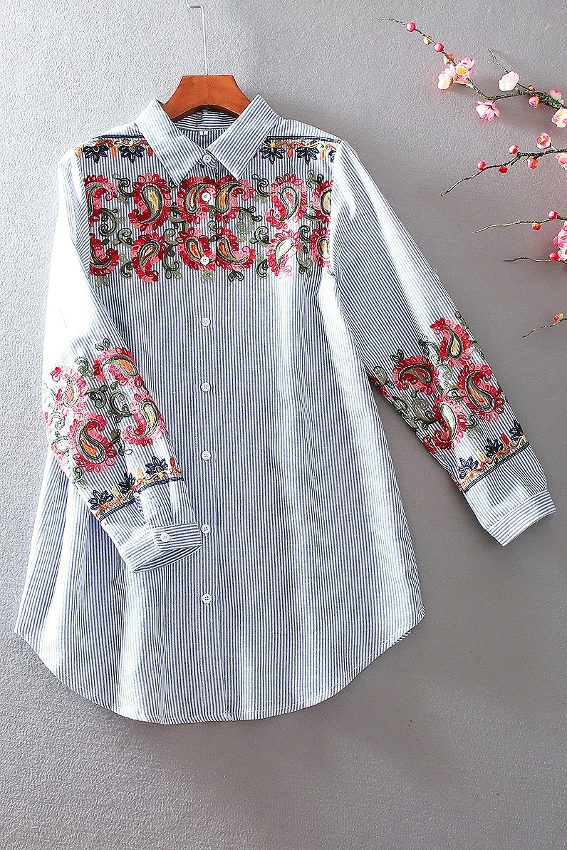 

SuperAen Spring Autumn Loose Embroidery Slim Medium-length Full Shirt Cardigan Striped Turn Down Collar Blouse