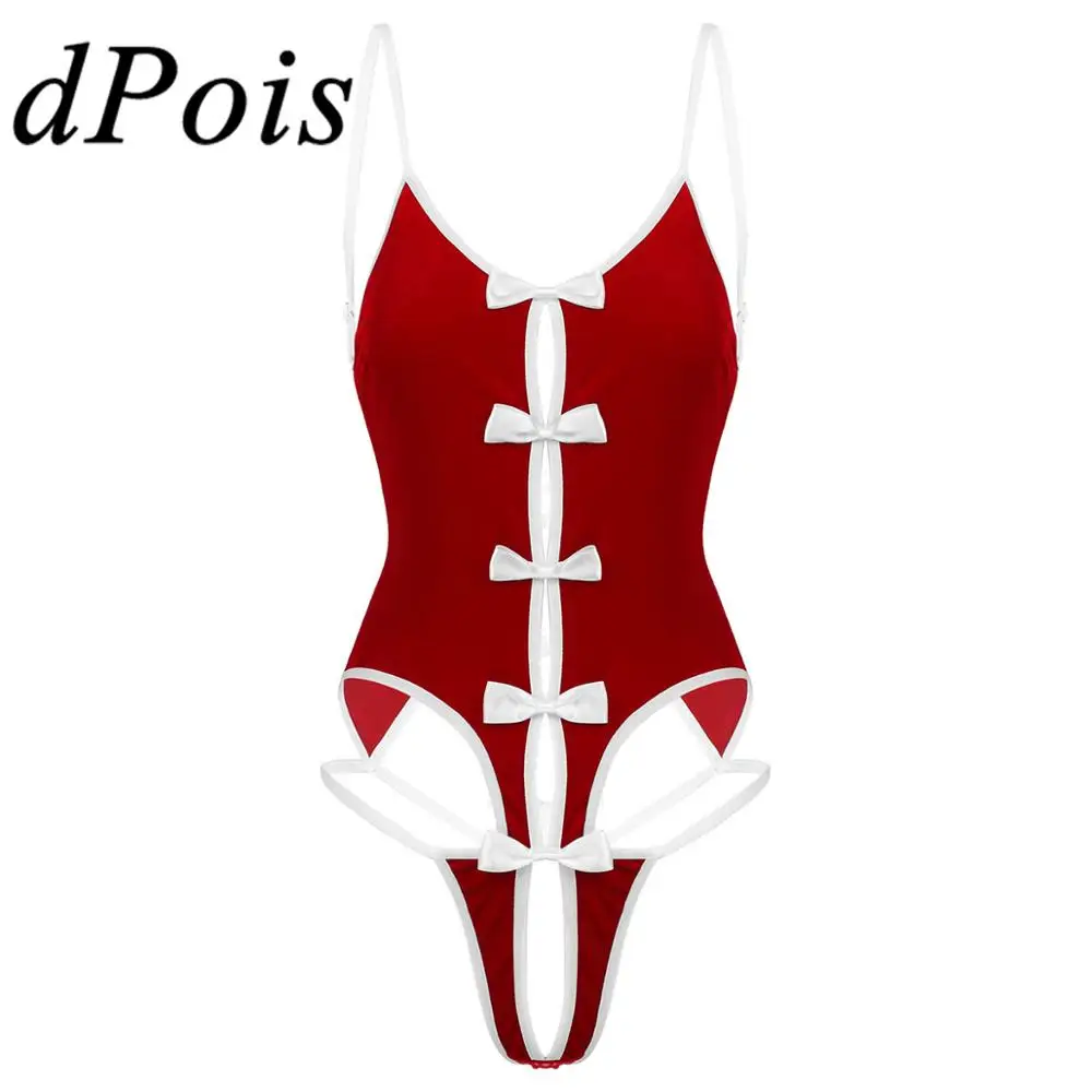 

Женское цельнокроеное нижнее белье, боди на бретелях-спагетти с бантиками, со шнуровкой сзади, с вырезами, мягкий бархатный Рождественский ...