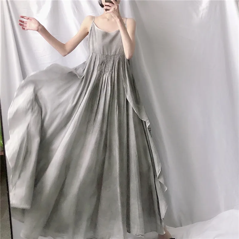 

Women's Summer Style Irregular Double-layer Super-long and Elegant Big Swing Handmade Tie-dye Retro Literary Sling Dress