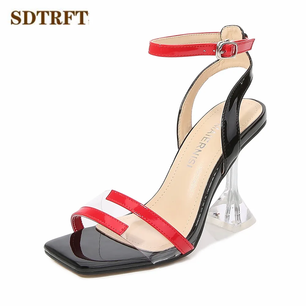 

SDTRFT Summer Peep Toe Stilettos Fetish Shoes Women 9cm Thin Heels Sexy Narrow Band Sandals T-Strap Red Pumps US4-12 13 14 15