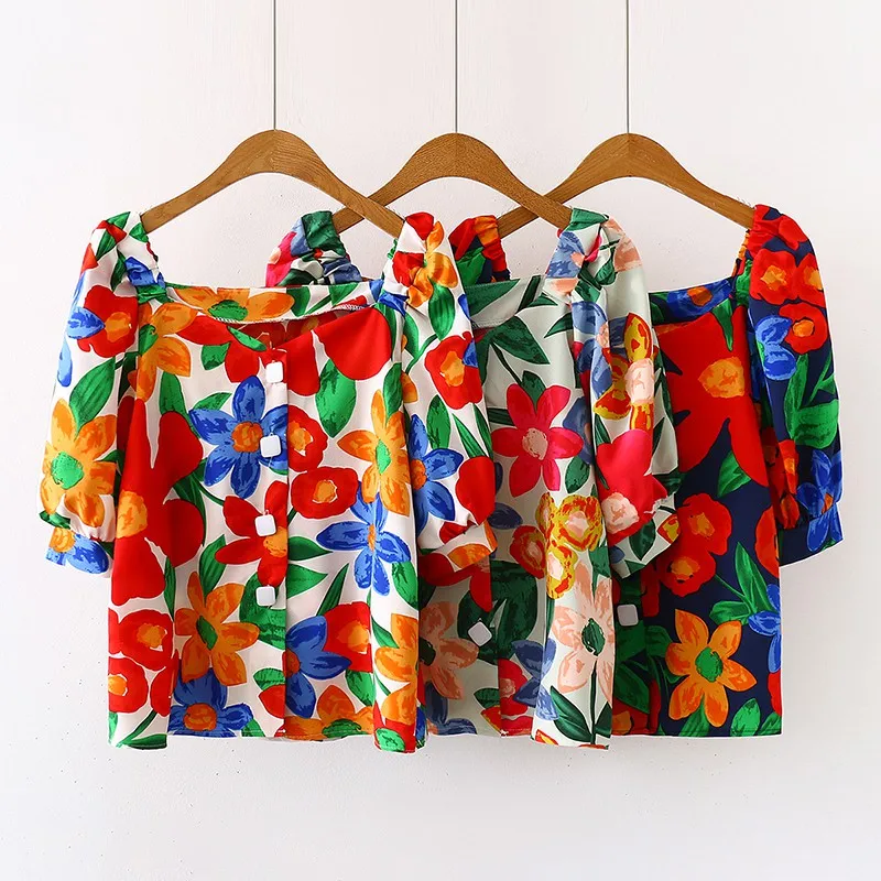 

Women Blouse Fashion Sweet Floral Print Tops Loose Casual V Neck Short Sleeve Shirt Ladies Colored Blouses
