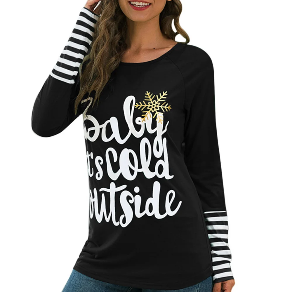 2019 Letter Printted Women Blouses Christmas Snowflake Tops Long Sleeve Stripe Pactwork O Neck Casual Blusas Femininas |