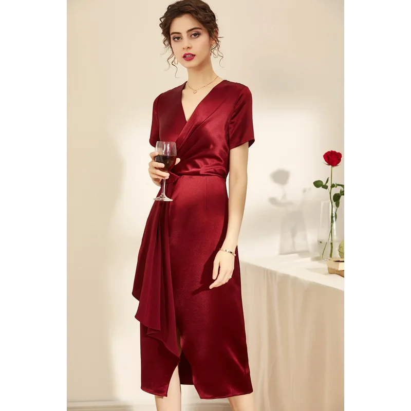 

Quality 2021 Summer New Elegant Graceful Women's Solid Color and V-neck Short Sleeve Dress