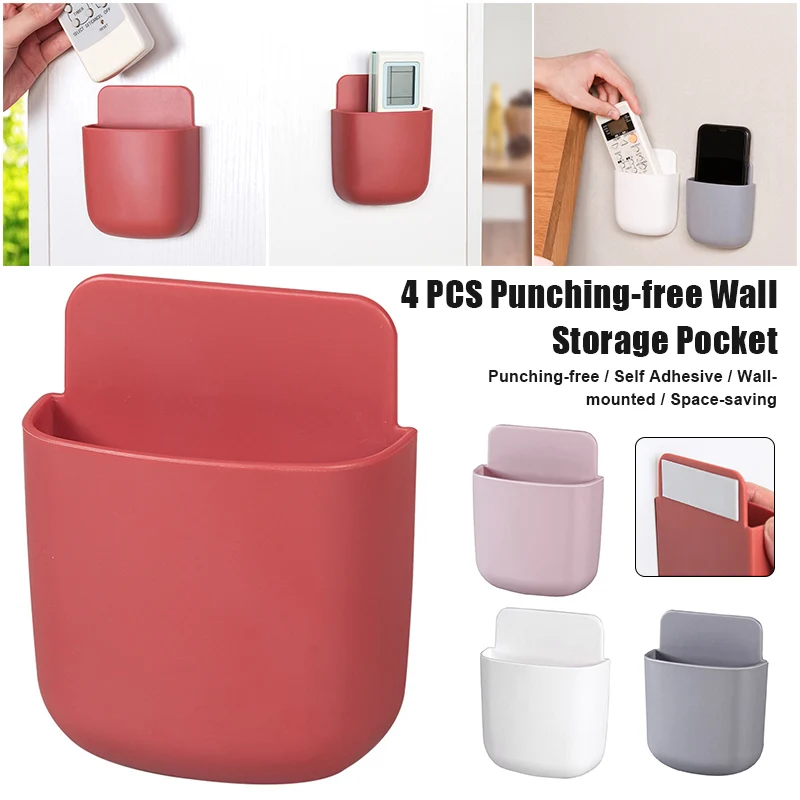 

New 4 PCS Punching-free Wall Storage Pocket Self Adhesive Wall-mounted Remote Holder Space-saving Organizer for Door Phone S66