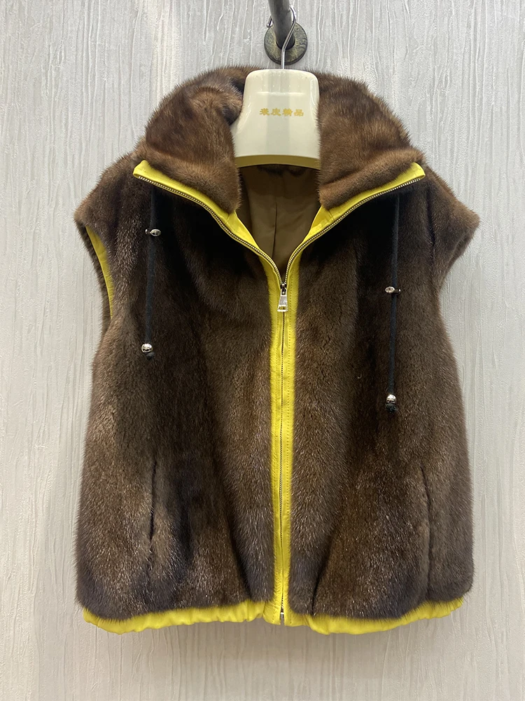 Enlarge 2023 New Arrival Hot Sale Fashion Women Winter Thick Warm Real Mink Fur Vest Sleeveless Mink Fur Collar Zipper Waistcoat