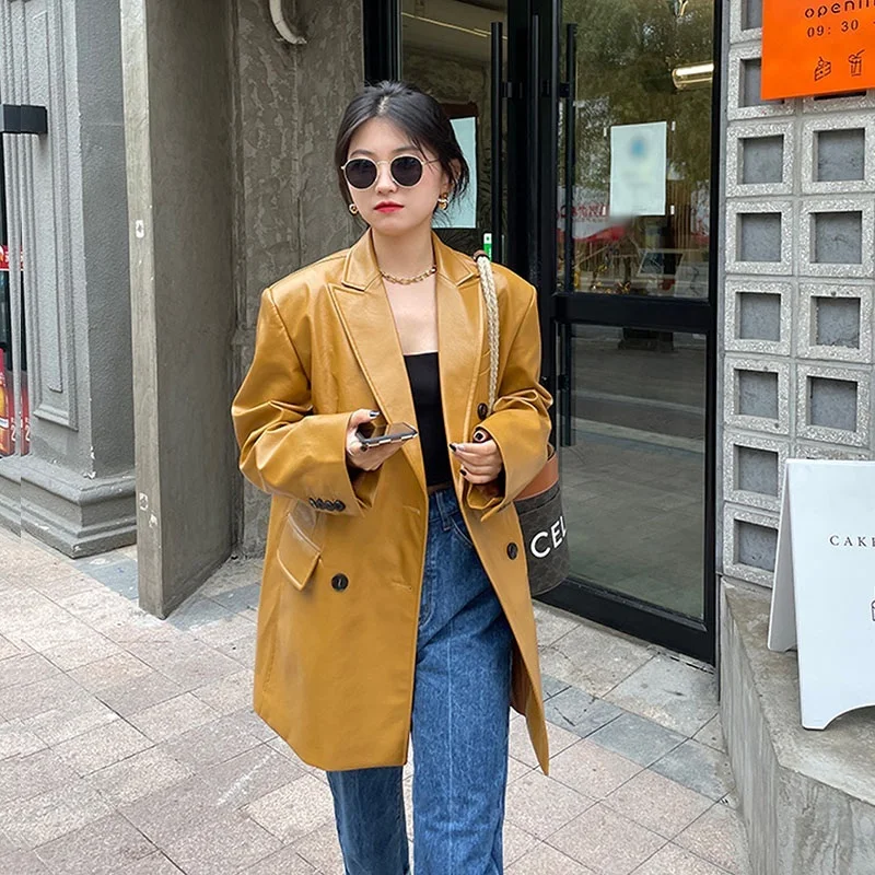 Autumn Korean Women Ginger Yellow Vintage Faux Leather Blazers Streetwear Casual Notched Collar Long Sleeve Motorcycle Jacket