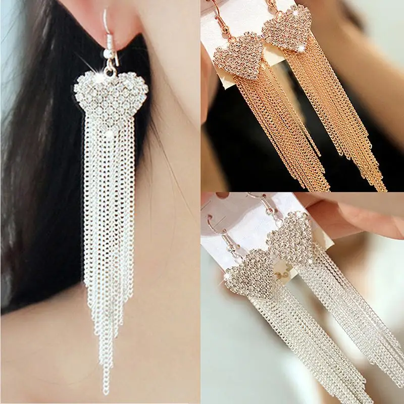 

Stylish Women's Love Heart Party Long Tassels Dangle Earrings Fashion Rhinestone Hook Dangle Linear Earrings Wedding Jewelry