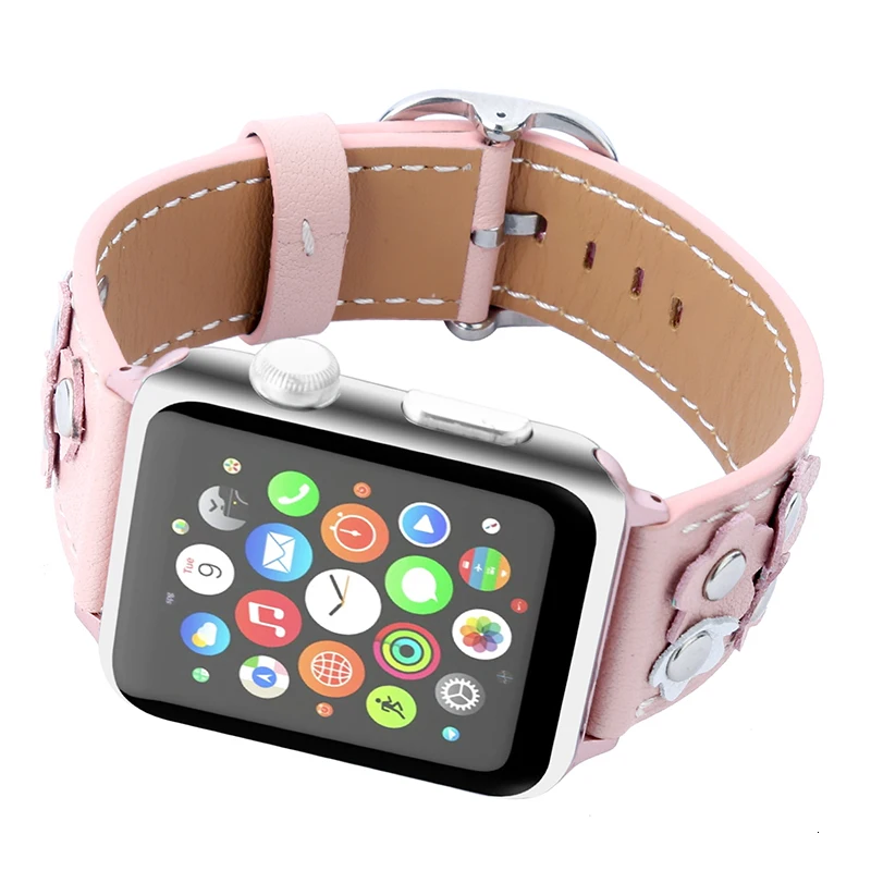 FOHUAS, ремешок из натуральной кожи для Apple Watch, 5, ремешок, 44 мм, 42 мм, iwatch, ремешок с цветком для ногтей, 38 мм, женский браслет с разъемом-адаптером