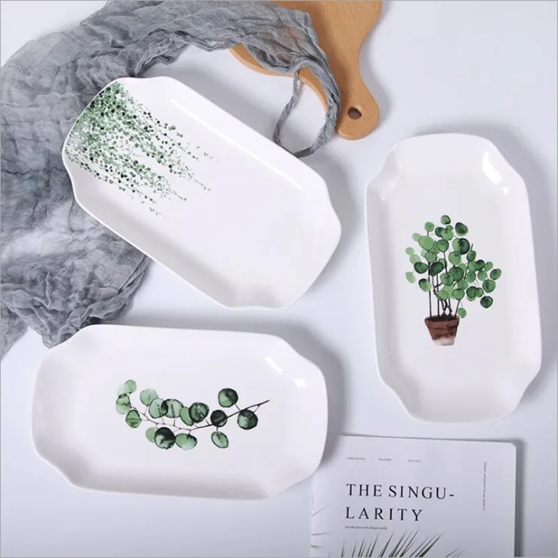 

10-12 inch Green Plants Square Ceramic Plate Porcelain Beef Dishes Dessert Dish Fruit Plate Cake Tray Food Dinnerware Gift 1pc