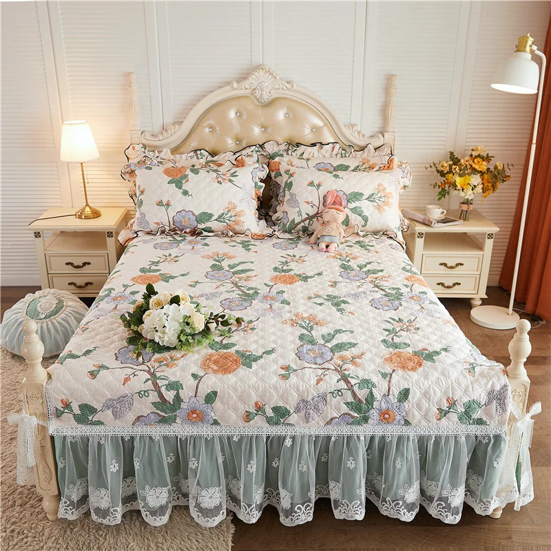 

Luxury Korean Floral Princess 100% Cotton Quilted Lace Ruffle Bed Skirt Mattress Cover Bedspread Pillowcases Nordic Size 1/3Pcs