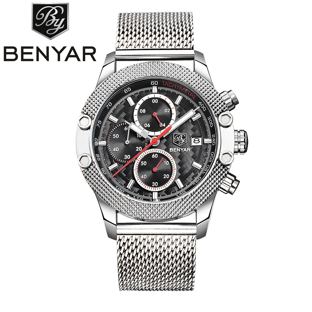 

BENYAR 5109 Brand Sport Chronograph Fashion Men Watches Mesh Band Waterproof Luxury Quartz Men's Wristwatches Relogio Masculino