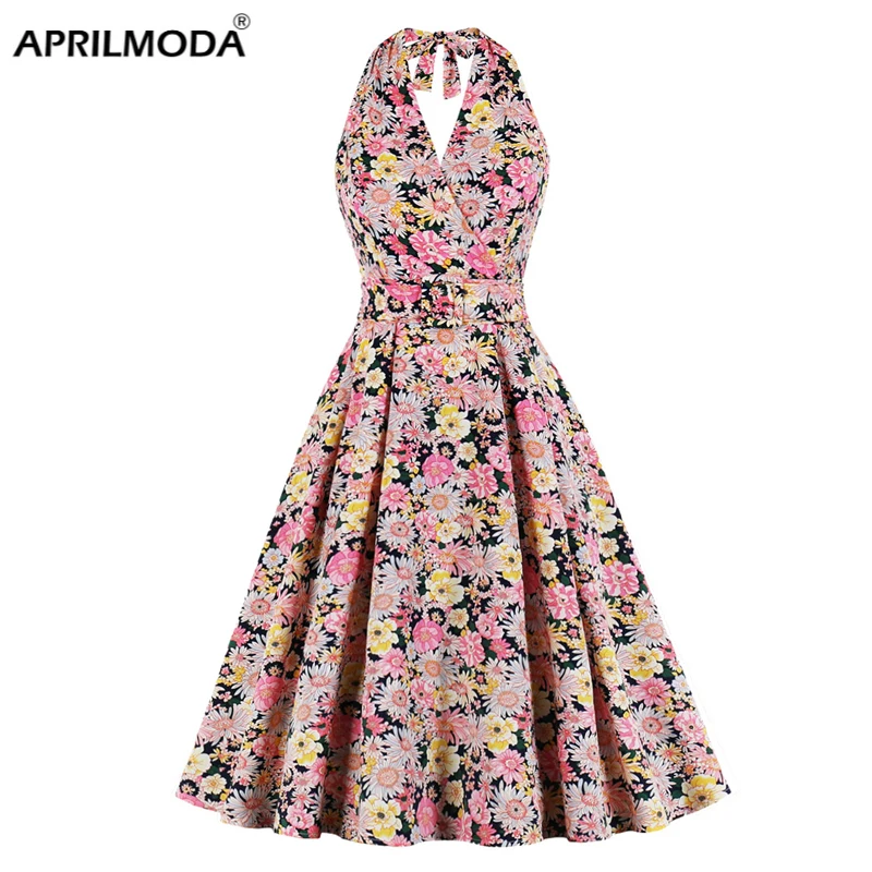 

2020 Multicolor Floral High Waist Vintage Dress Robes Women Belted Halter Party Vestidos Sexy Backless Elegant Wrap Midi Dresses