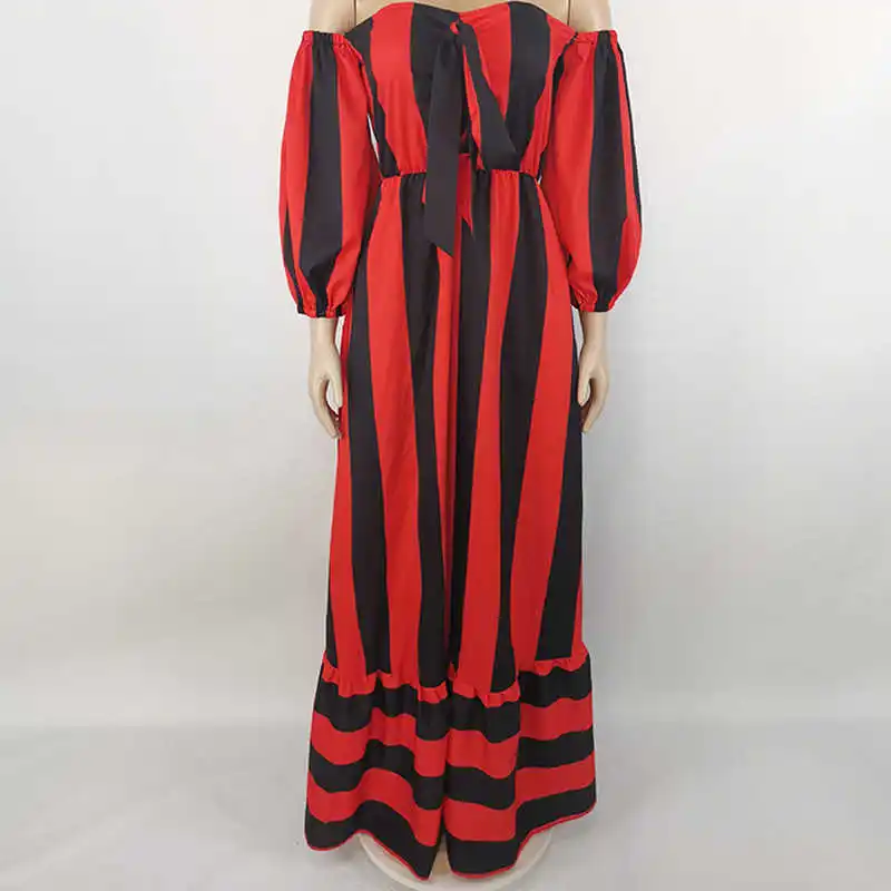 

Women Striped Lantern Sleeve Strapless Floor Length Maxi Dress Sexy Fit Flare Party Dresses