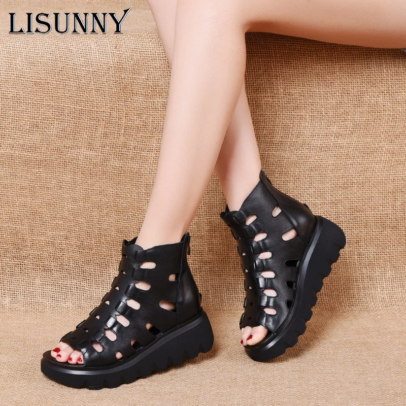 

LISUNNY 2021 Summer Women Ankle Boots Handmade Genuine Leather Hollow out Sandals Wedge Women's Shoes Soft Bottom Women Boots