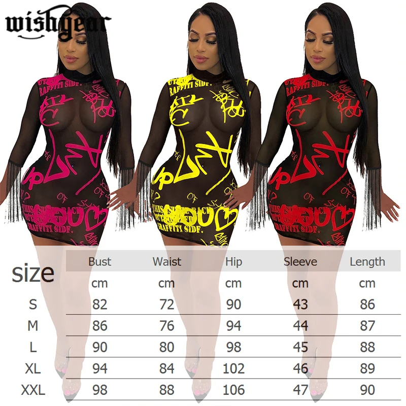 

Tassel Sleeve Mock Neck Sheath Night Club Party Dresses Women See Through Bodycon'Vestidos Letters Print Sheer Mesh Mini Dress