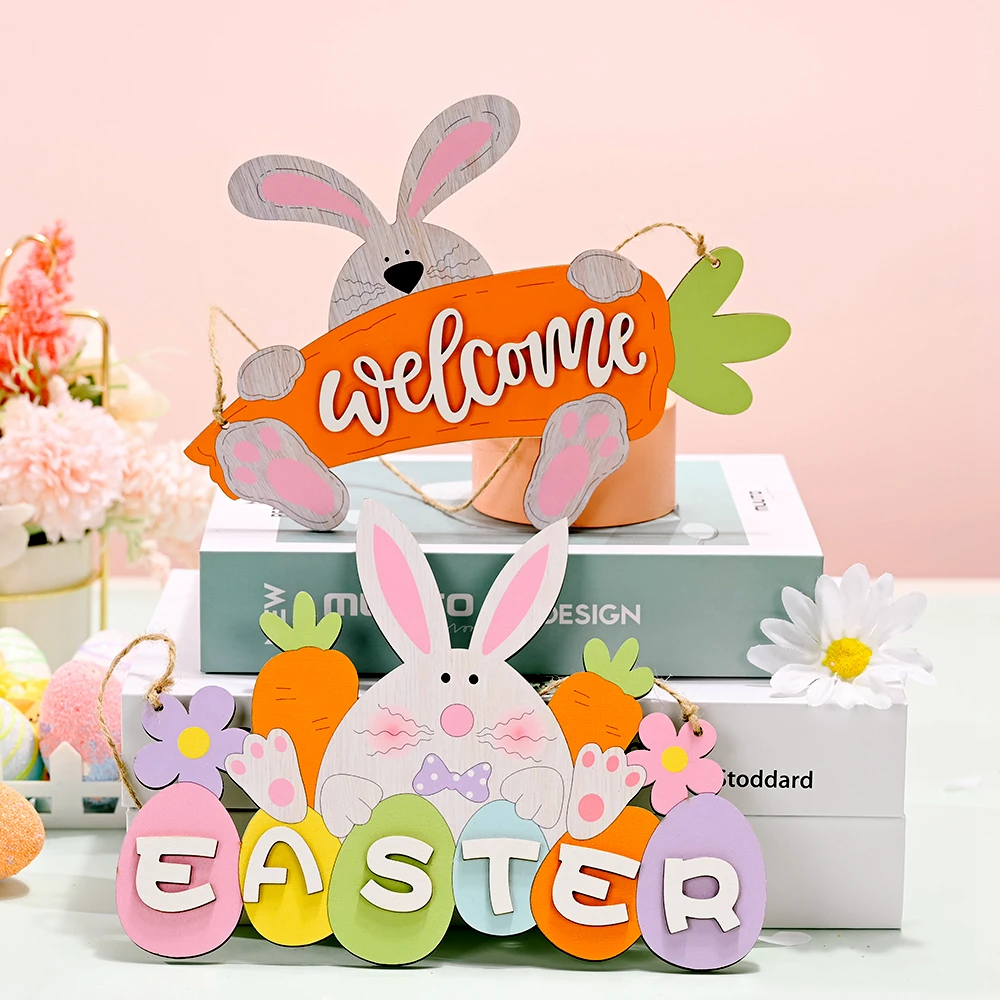 

LuanQI Beautiful Easter Spring Decoration Easter Rabbit Wooden Pendants Hanging Painting Bunny Wood Crafts DIY Decor Kids Gifts