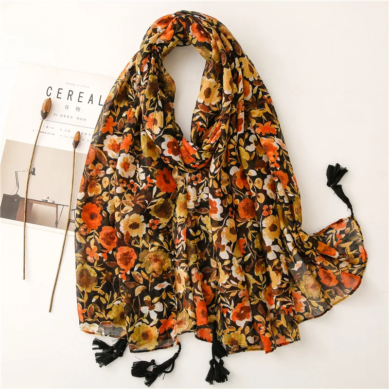 

Bright Floral Pattern Women Large Scarf Stylish Warm Soft Shawl Necwear Tassels Winter Viscose Hijab Stole