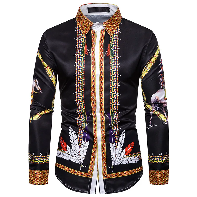 Новая Осенняя модная мужская рубашка с длинным рукавом для отдыха принтом перьев