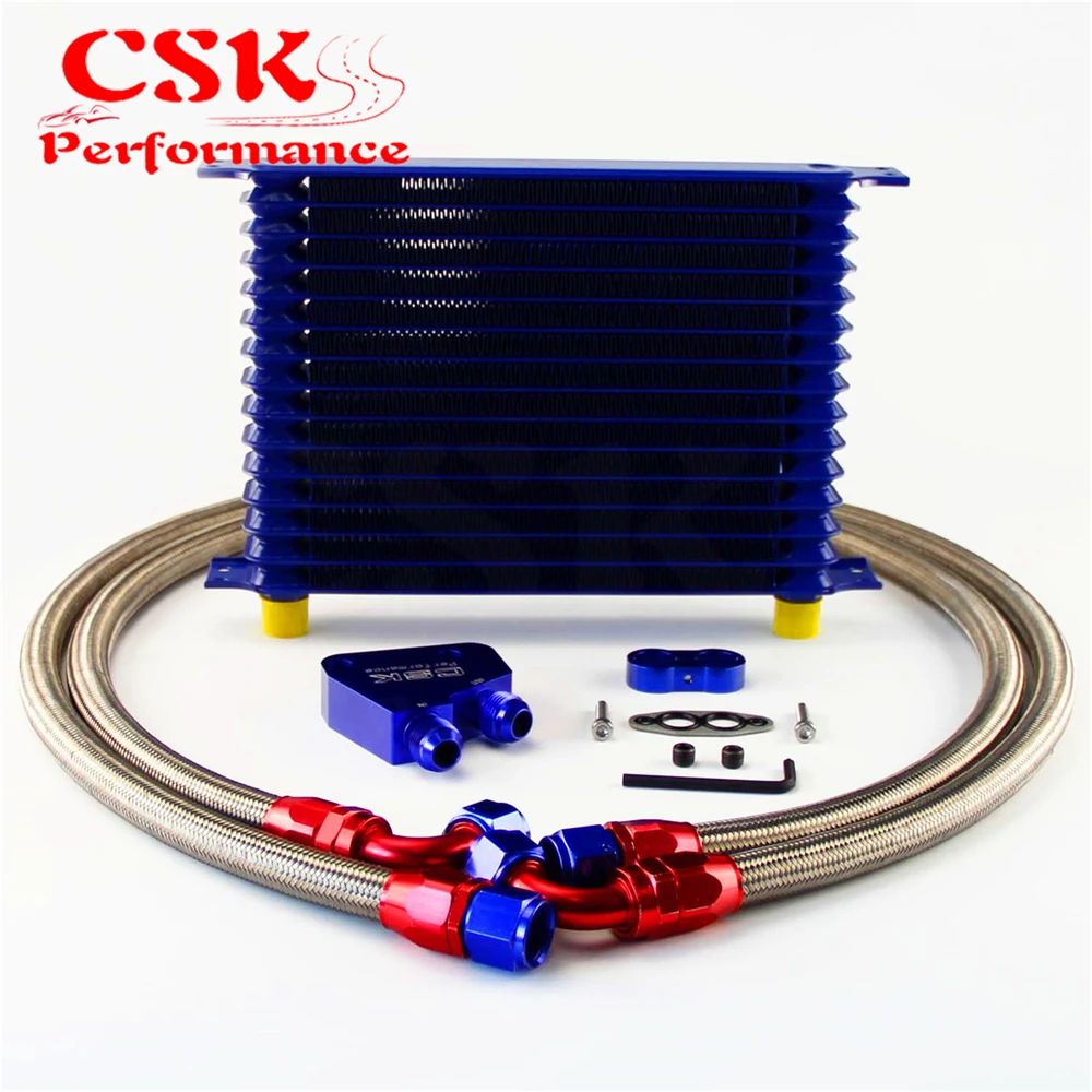 

15 Row 262mm AN10 Trust Oil Cooler Kit+Male Sandwich Plate Adapter Fits For LS1 LS2 LS3 VT VX VY VZ VE 5.7L Blue