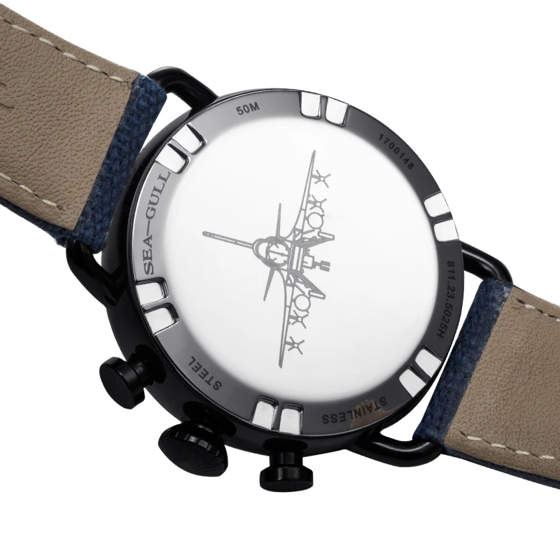 Seagull PVD Black Case Hand Wind Mechanical Chronograph Chinese Military Watch Luminous Arabic Numerals Dial 811.23.5025H | Наручные часы