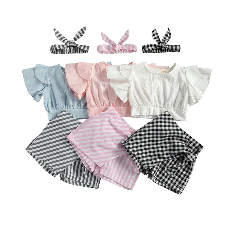 

2021 New Fashion Infant Baby Girls Clothes Sets 3pcs Ruffles Flying Sleeve T Shirts Tops Striped/Plaid Shorts Headband 1-5Y Hot
