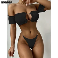 ingaga ribbed bikinis ruffle womens swimsuit 2021 bandeau swimwear high cut biquini metal chain bathing suits black bikini set