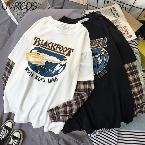 

Fashion Long Sleeve T-shirt Korean Simple Oversized Graphic Tees Women Shirts Leisure Plaid Long Sleeve Patchwork T Shirt Top