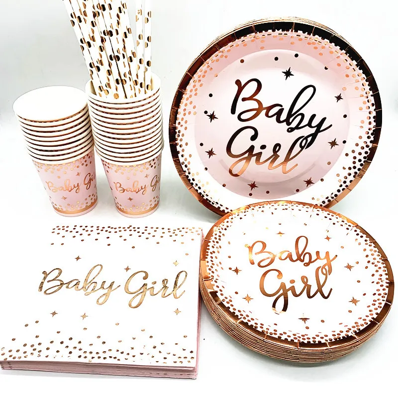 

Rose Gold Baby Girl Party Disposable Tableware First 123 Girl Birthday Baby Shower Christening Baptlsm Reveal Gender Party Decor