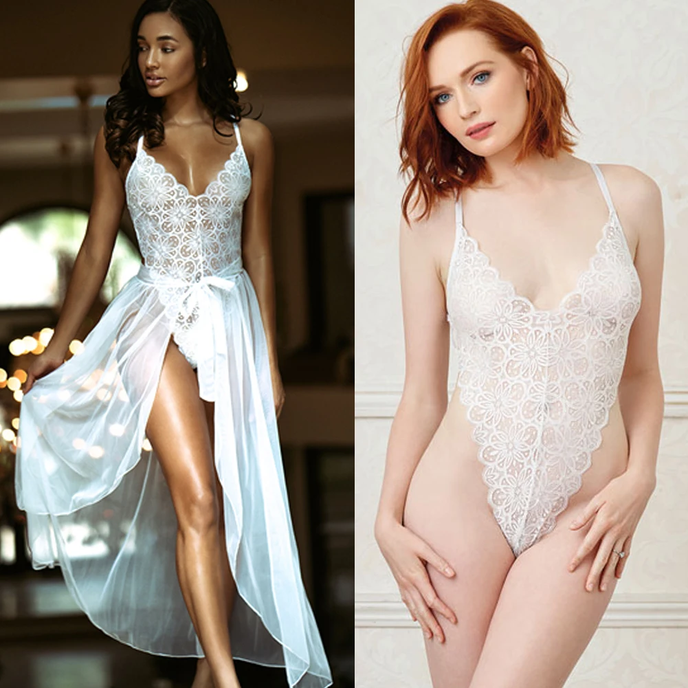 

Women Teddy Bodysuit Lingerie Sexy Floral Lace See Through Deep V-Neck Halter Lingerie High Waist Straps Tie Cardigan Skirt