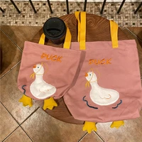 cute embroidered duck women canvas handbags fashion student girls travel casual tote large capacity ladies shopping shoulder bag