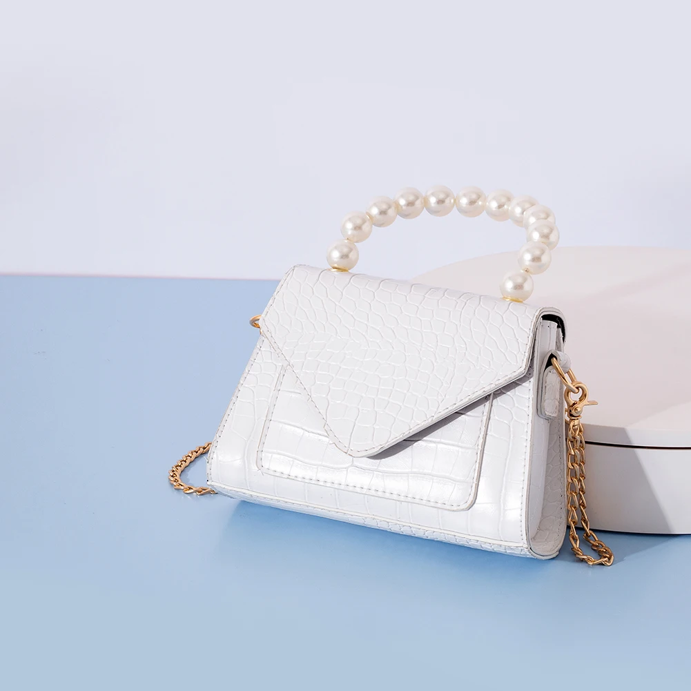 

Women Vintage PU Leather Alligator Pattern Shoulder Crossbody Bag Designer Chain Pearl Top-handle Flap Handbag