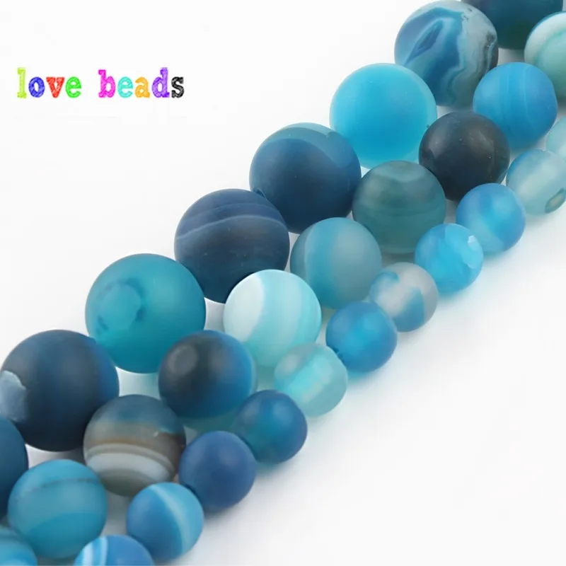 4/6/8/10/12mm Matte Beads Natural Stone Polished Blue Stripes Agates Beads Diy Loose Beads for Jewelry Making DIY Bracelet 15''