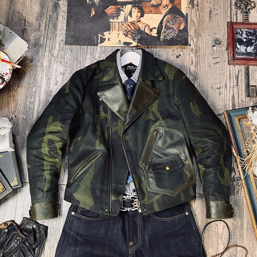 

CD758 Read Description! Asian Size Super Top Quality Genuine Italian Leather & 22oz Raw Denim Slim Classic Stylish Camo Jacket