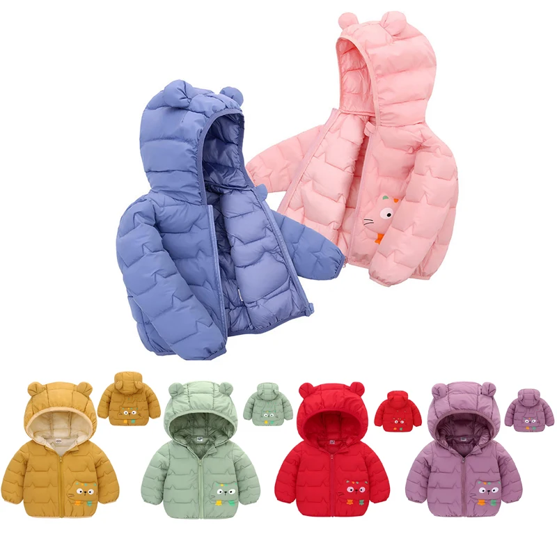 

VOGUEON 2021 New Winter Girls Down Jacket Cartoon Ear Hooded Outerwear Coats for Kids Fashion Warm Boys Coat Clothing 1-4 Years