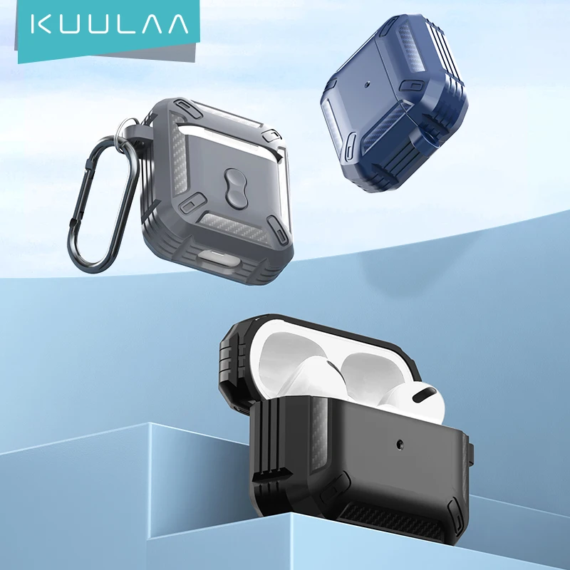 

KUULAA Carbon Fiber Cover For Apple AirPods Pro 2 3 Case Protective Case Anti Shock Earphone Accessories With Keychain Hook