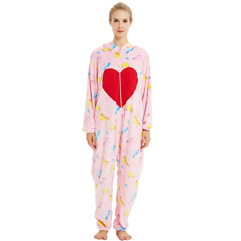 Red Heart Unicorn Kigurumis Women Girl Home Jumpsuit Animal Pegasus Onesie Sleepwear Winter Cute Pajama Festival Party Outfit