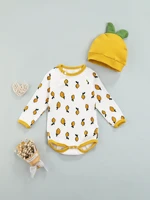 infant baby girl boy lemon print romper cartoon graphic long sleeve crewneck bodysuit outfit clothes with cute hat