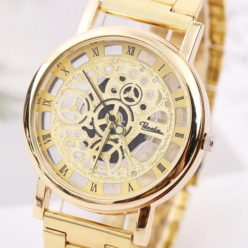 

European Spring New Hot Style Double-sided Alloy Hollow Watch Business Casual Imitation Mechanical Steel Band Men's Quartz Watch