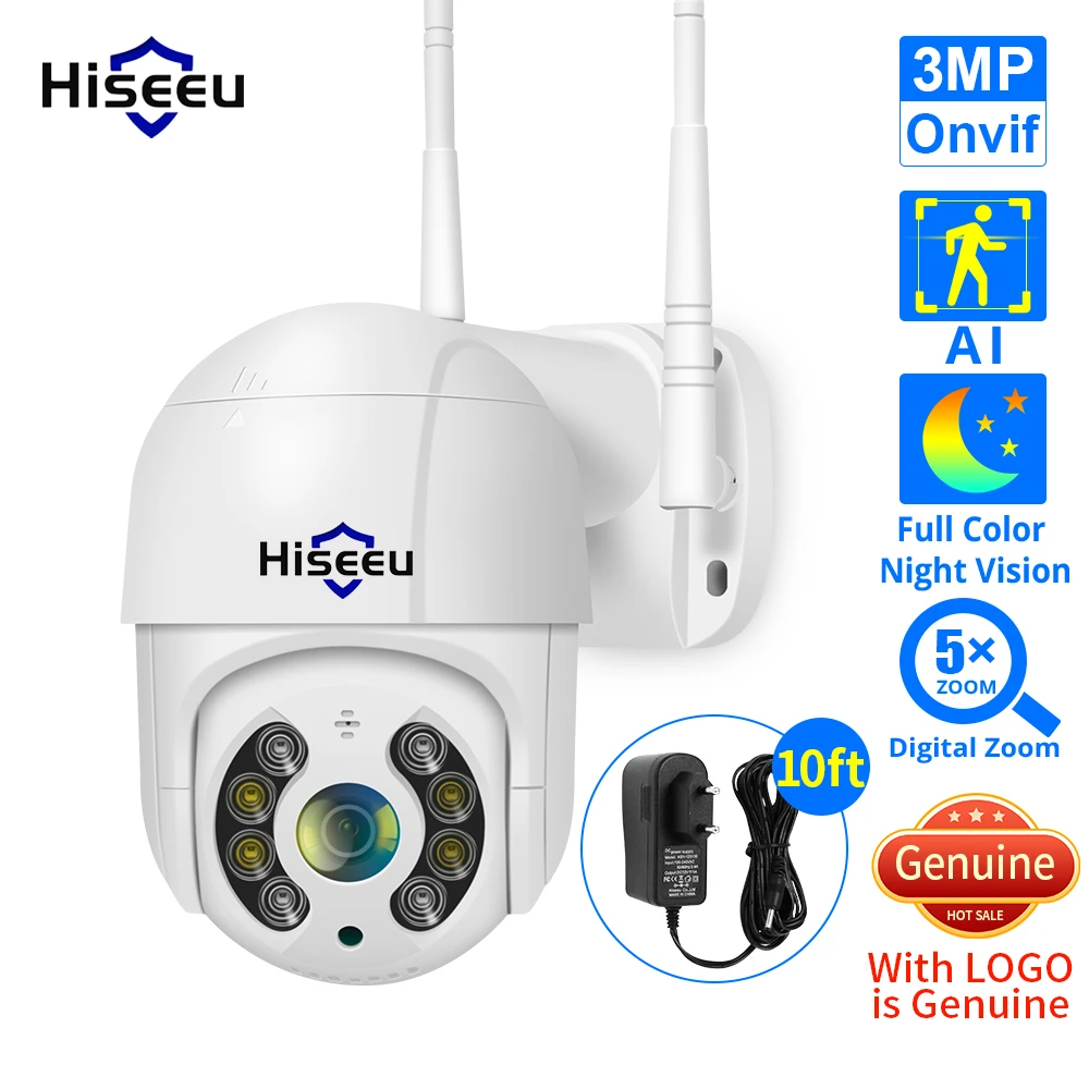 Hiseeu 2MP 3MP 5MP WIFI IP Camera Outdoor Full Color Night Vision ONVIF PTZ Waterproof Security Speed Camera AI Human Detection