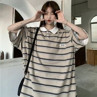 harajuku striped polo shirt school short sleeved t shirt female casual oversized kawaii striped patchwork t shirt women y2k top
