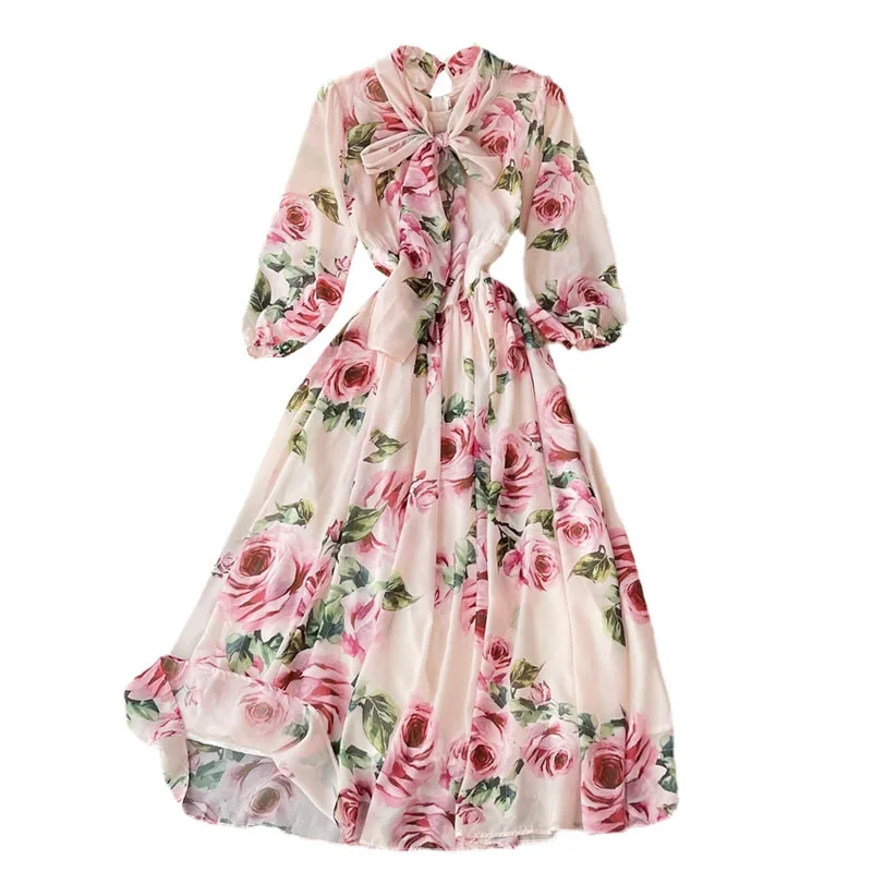 

LoveFlowerLife New Summer Casual Short Pullover Dress Chiffon Floral Print V Neck A Line High Waist Mid-Calf Women Dresses