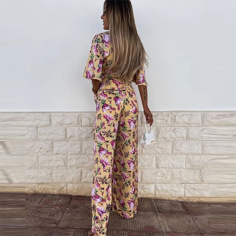 

Autumn New Women 2 Piece Set Retro Puff Sleeve Tops + Fashion V-Neck Loose Lace-Up Wide Leg Elegant Chic Floral Print Lady Suits