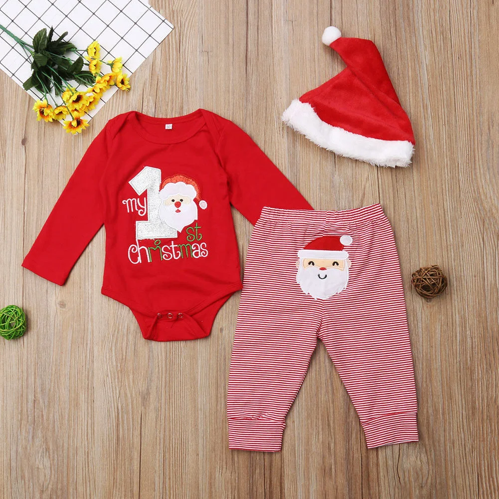 

Children Clothing Autumn And Winter Kids Suit Printed Santa Claus Top + Striped Trousers Hat Three Piece Set Girls Boys Clothes