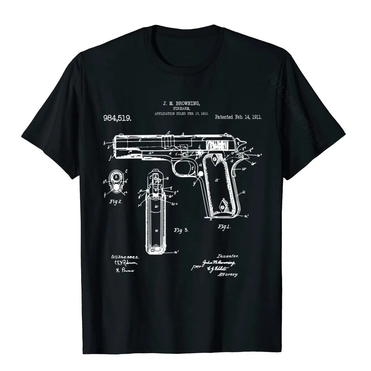 

John Browning 1911 Patent Drawing Pro Gun Shirt T-Shirt Mens Popular Family Tees Cotton Top T-Shirts Custom