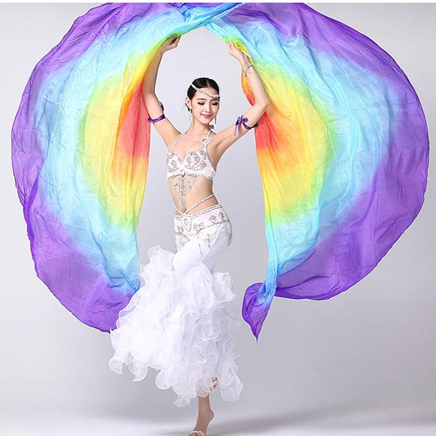 

Шелковая вуаль в форме полумесяца, разноцветная с деревянными палочками, крылья для танца живота, 100% шелк, реквизит для выступлений (без пал...
